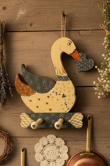 Country Folk Art Wooden Goose Vintage Peg Rack | Hand-Painted Americana Wall Hook | Farmhouse Cottage Decor