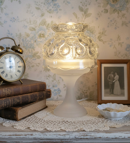 AVAILABLE - Vintage Moon & Stars Fairy Lamp – Clear Glass Dome with Frosted Base | L.E. Smith