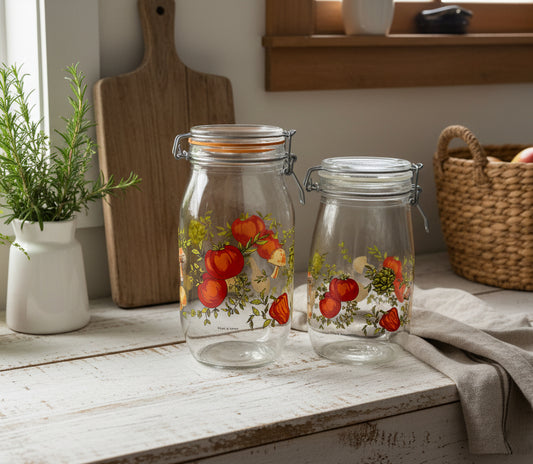Vintage Arc France “Spice of Life” Glass Canisters – 1970s, Arcoroc, Multi-Color Vegetable Pattern