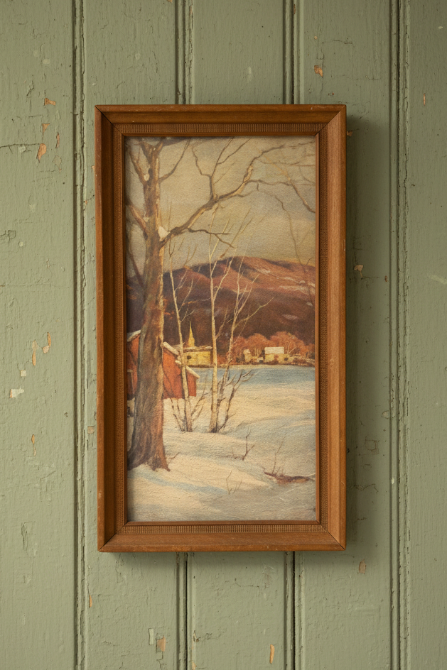 Vintage Robert Wood “Snow in the Catskills” Textured Print | Framed Mid-Century Winter Landscape
