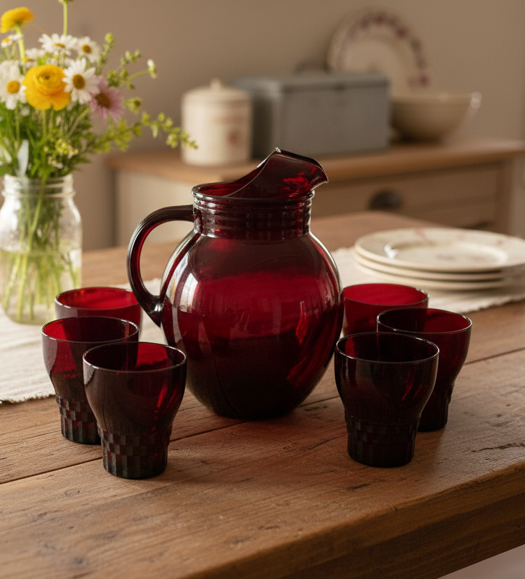 Vintage Anchor Hocking Royal Ruby Pitcher & Windsor Tumbler Set (7-Piece)