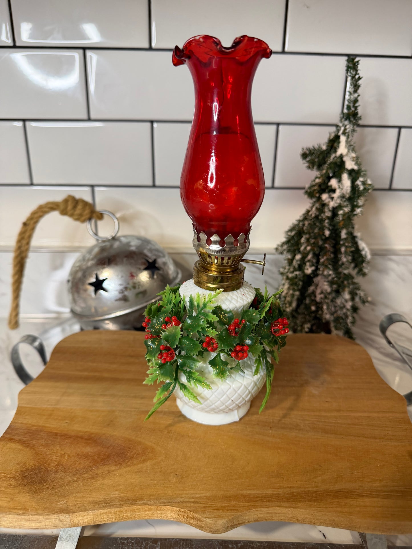Vintage Milk Glass Oil Lamp – Red-Coated Glass Chimney with Holly Berry Wreath