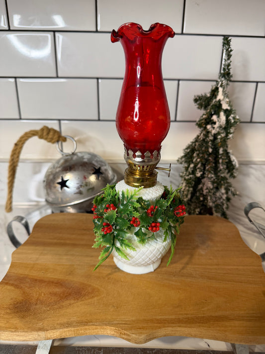 Vintage Milk Glass Oil Lamp – Red-Coated Glass Chimney with Holly Berry Wreath