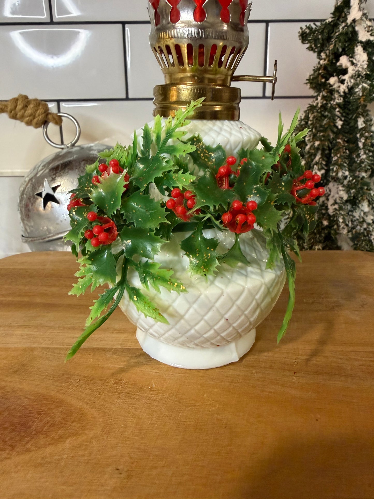 Vintage Milk Glass Oil Lamp – Red-Coated Glass Chimney with Holly Berry Wreath
