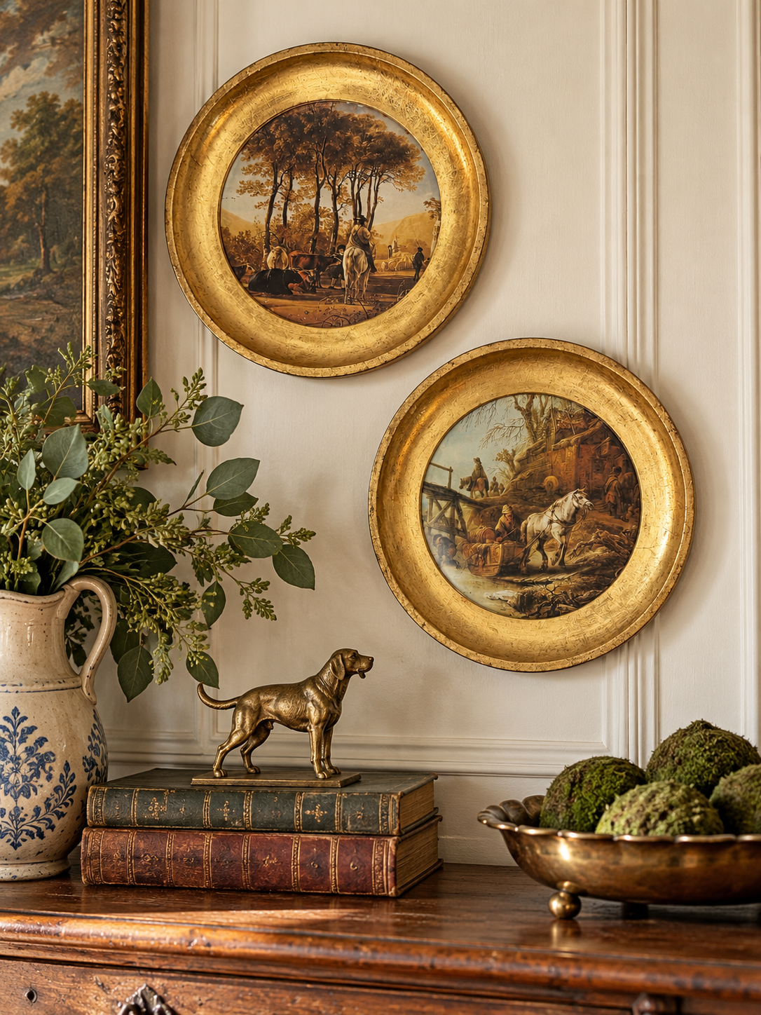 Gold Round Framed Dutch Landscape Art – Set of 2 | Flea & Frame Creations - 7”
