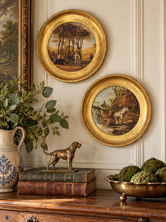 Gold Round Framed Dutch Landscape Art – Set of 2 | Flea & Frame Creations - 7”