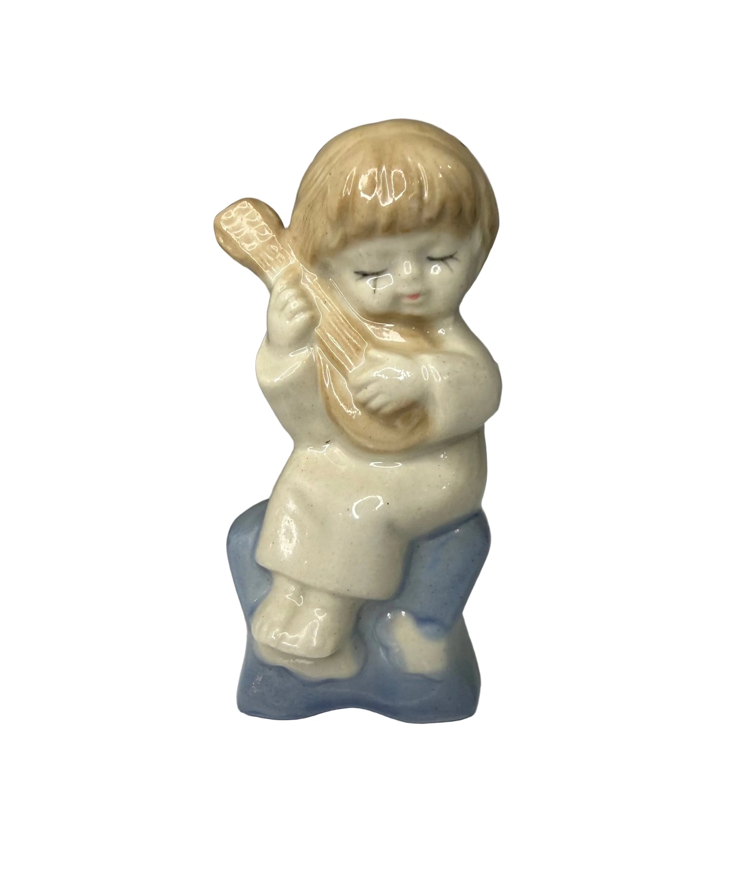 Vintage Porcelain Figurine – Child Playing Stringed Instrument Sitting on a Star(Mandolin/Guitar)