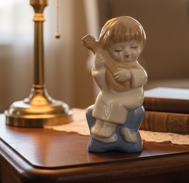 Vintage Porcelain Figurine – Child Playing Stringed Instrument Sitting on a Star(Mandolin/Guitar)