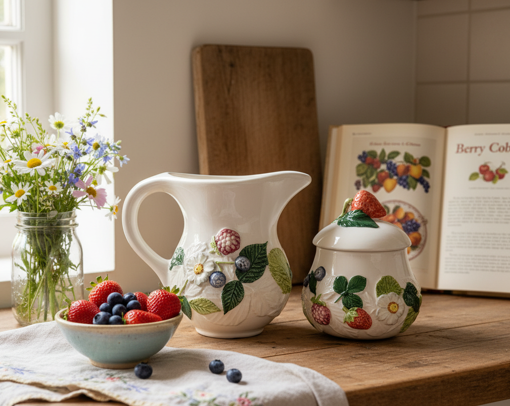 Italian Majolica Sea Gull “Capri” Vintage Creamer & Lidded Sugar Bowl Set | Hand-Painted Berry Motif | Made in Italy