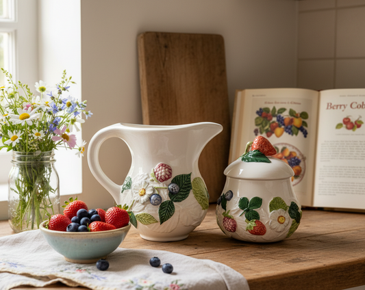 Italian Majolica Sea Gull “Capri” Vintage Creamer & Lidded Sugar Bowl Set | Hand-Painted Berry Motif | Made in Italy