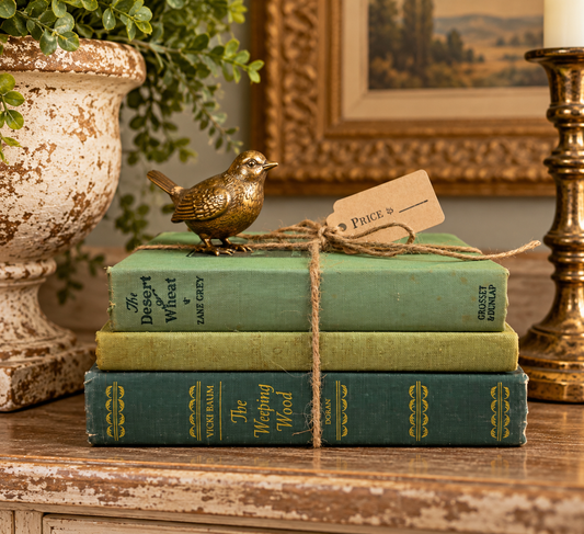 Perfectly Paired Green Vintage Book Stack – Set of 3 Decorative Hardcover Books