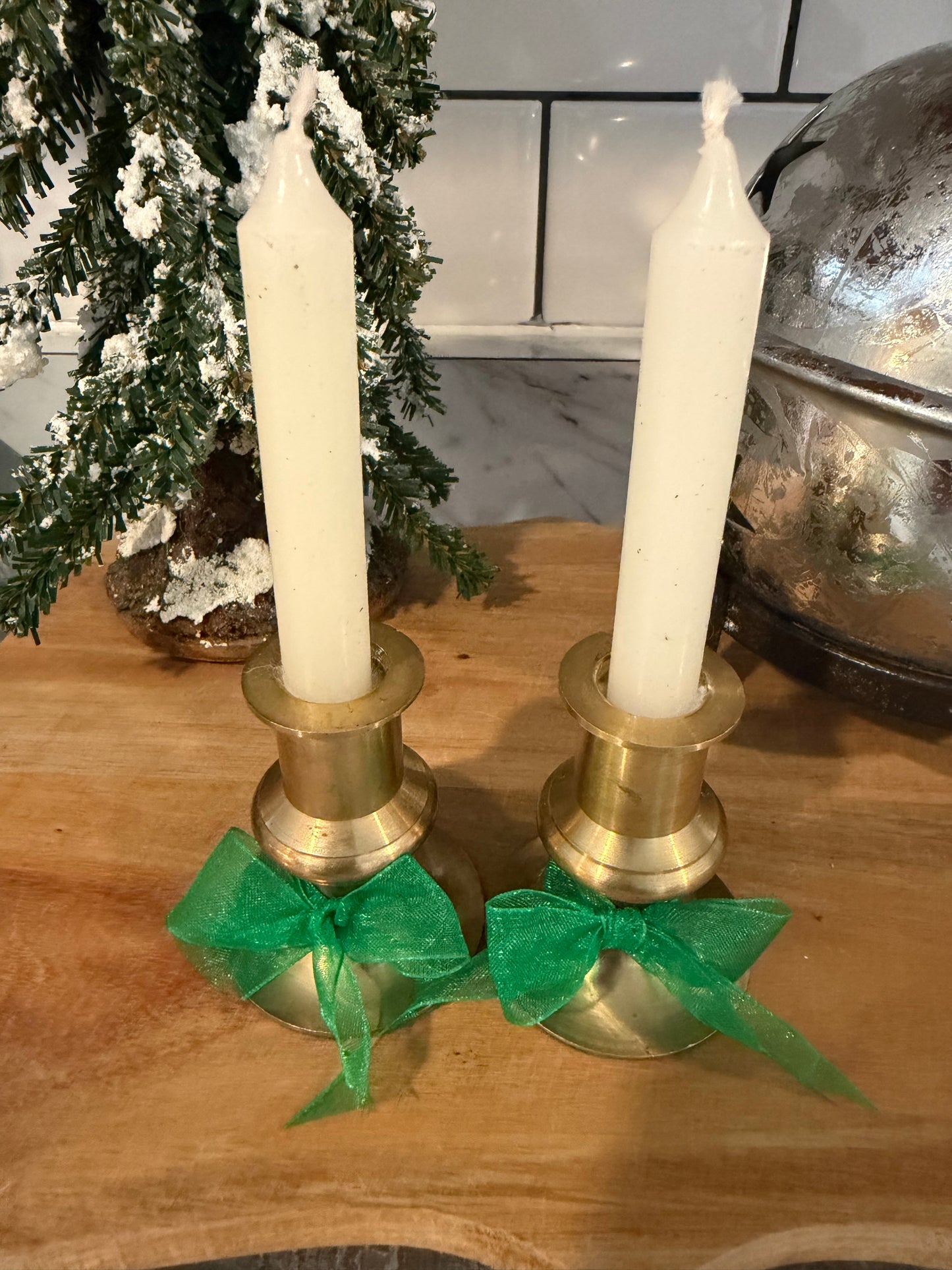 Vintage Brass Candle Holders with Green Bow & Candles Included - Candlesticks Repurposed