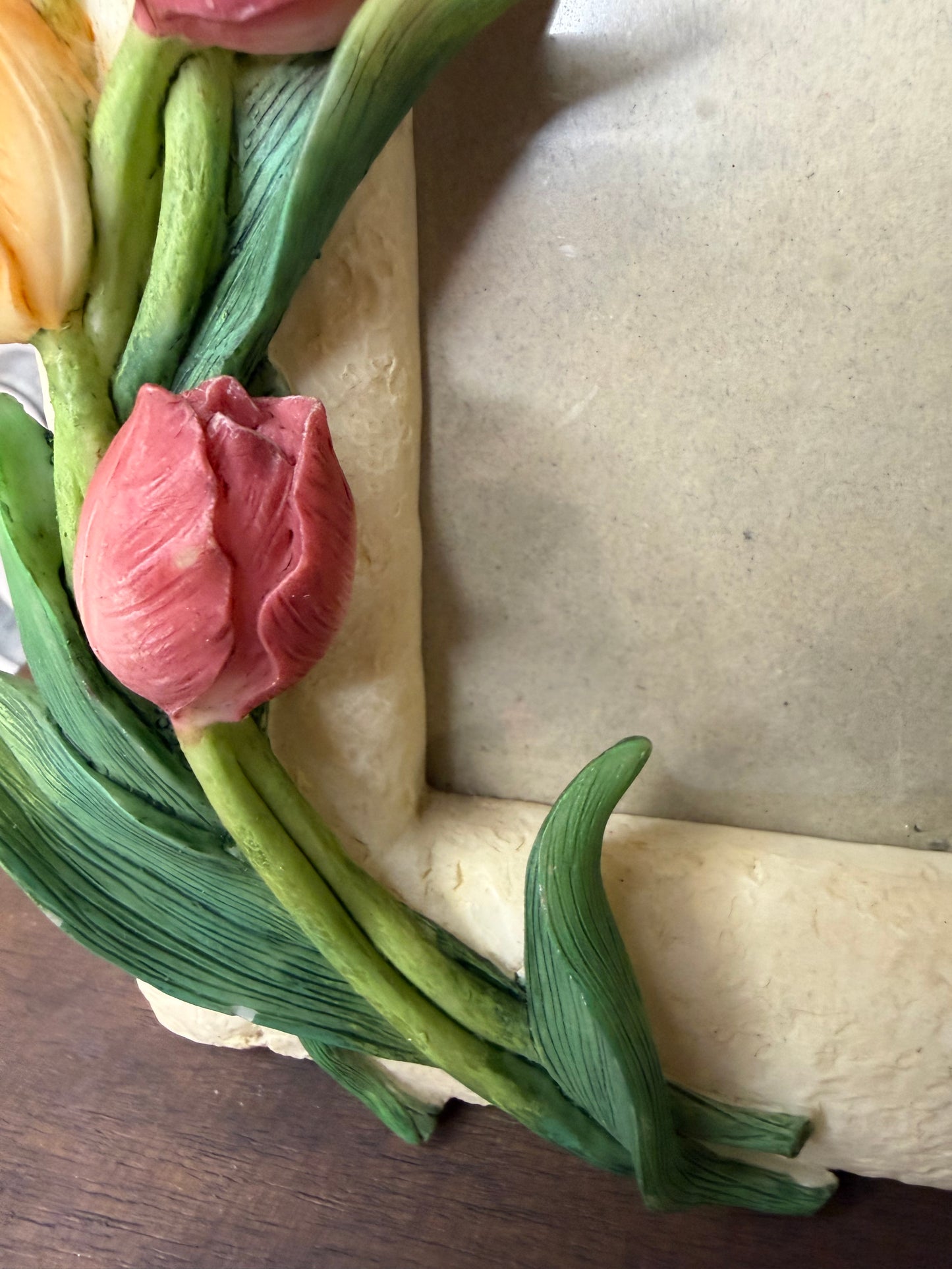 Vintage French Country Resin Photo Frame — Pink & Yellow Tulip Embellishments (Holds 5x7”)