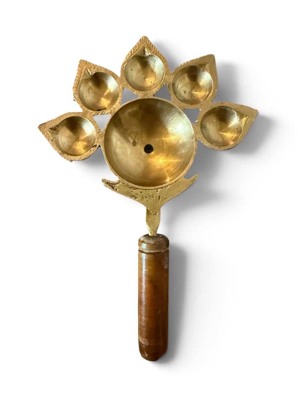 Vintage Brass Panch Aarti Diya Oil Lamp with Bell & Wooden Handle | Traditional Hindu Puja Lamp