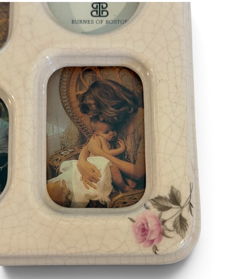 Burnes of Boston Ceramic 6-Photo Collage Frame – Vintage Crackle Glaze with Pink Roses