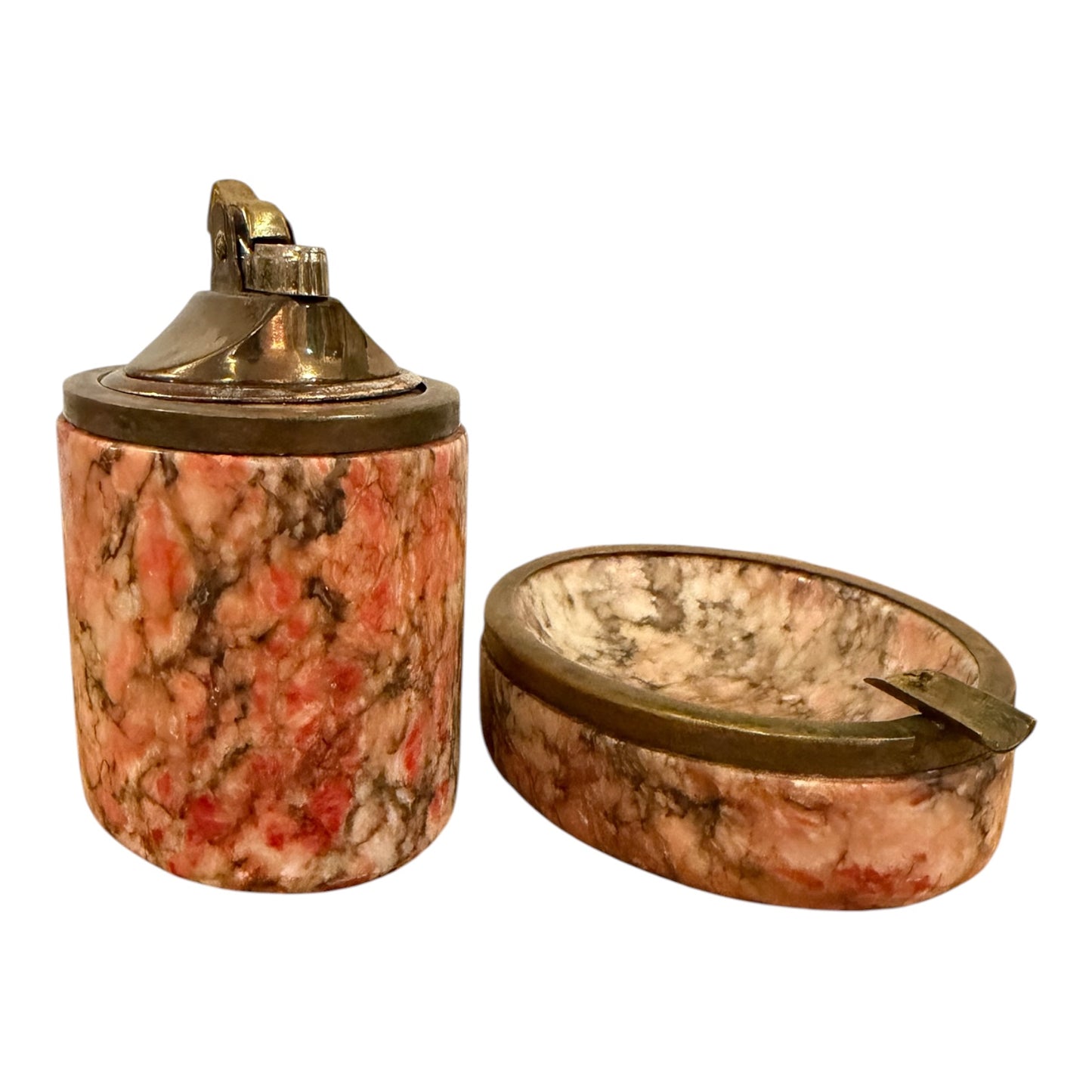 Italian Alabaster Vintage Table Lighter & Ashtray Smoking Set