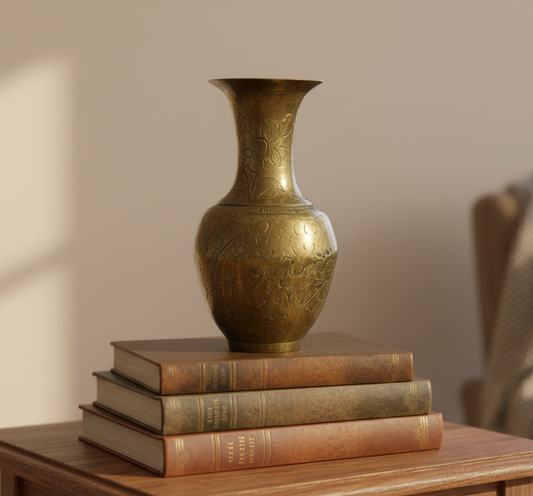 Etched Vintage Brass Vase | Hand-Engraved Floral Motif | Old World Decor Accent