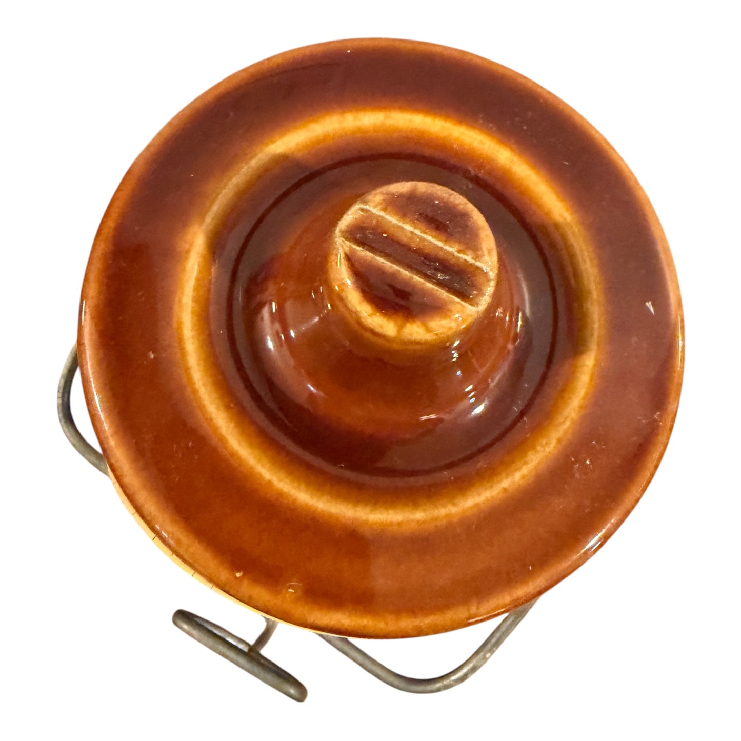 Brown Vintage Stoneware Cheese or Butter Crock with Wire Bail Lid