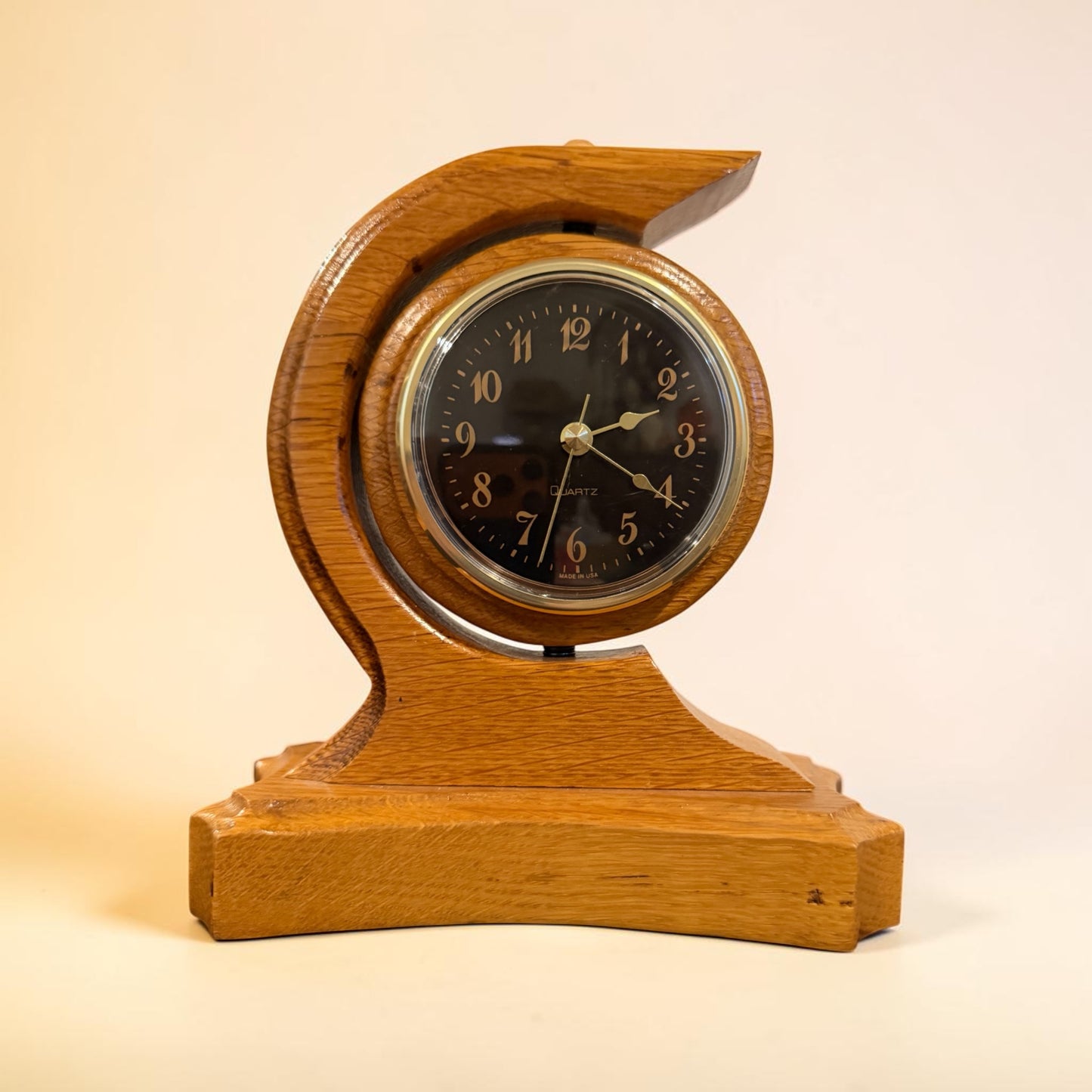 Handmade Vintage Wooden Crescent Mantel Clock | Swivel Quartz Clock | Solid Oak Desk Shelf Clock