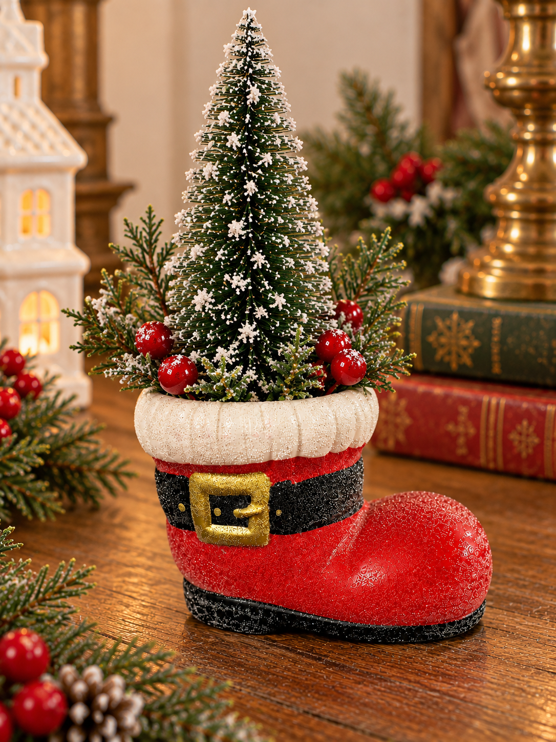 Ceramic Vintage Santa Boot Planter | Red Christmas Candy Dish with Sugared Finish