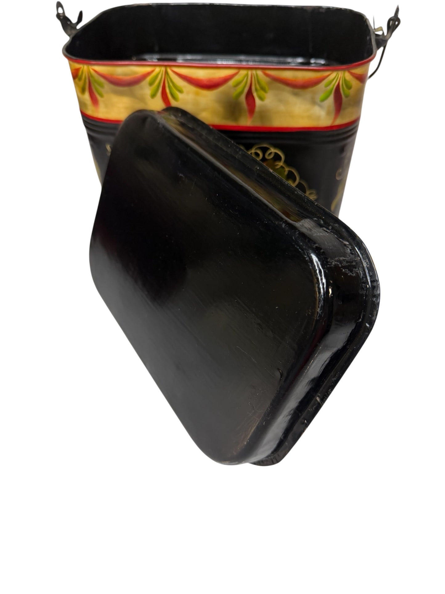 Tole-Painted Antique Metal Lunch Pail – Hand-Painted Floral Folk Art – Vintage Metal Lunch Box