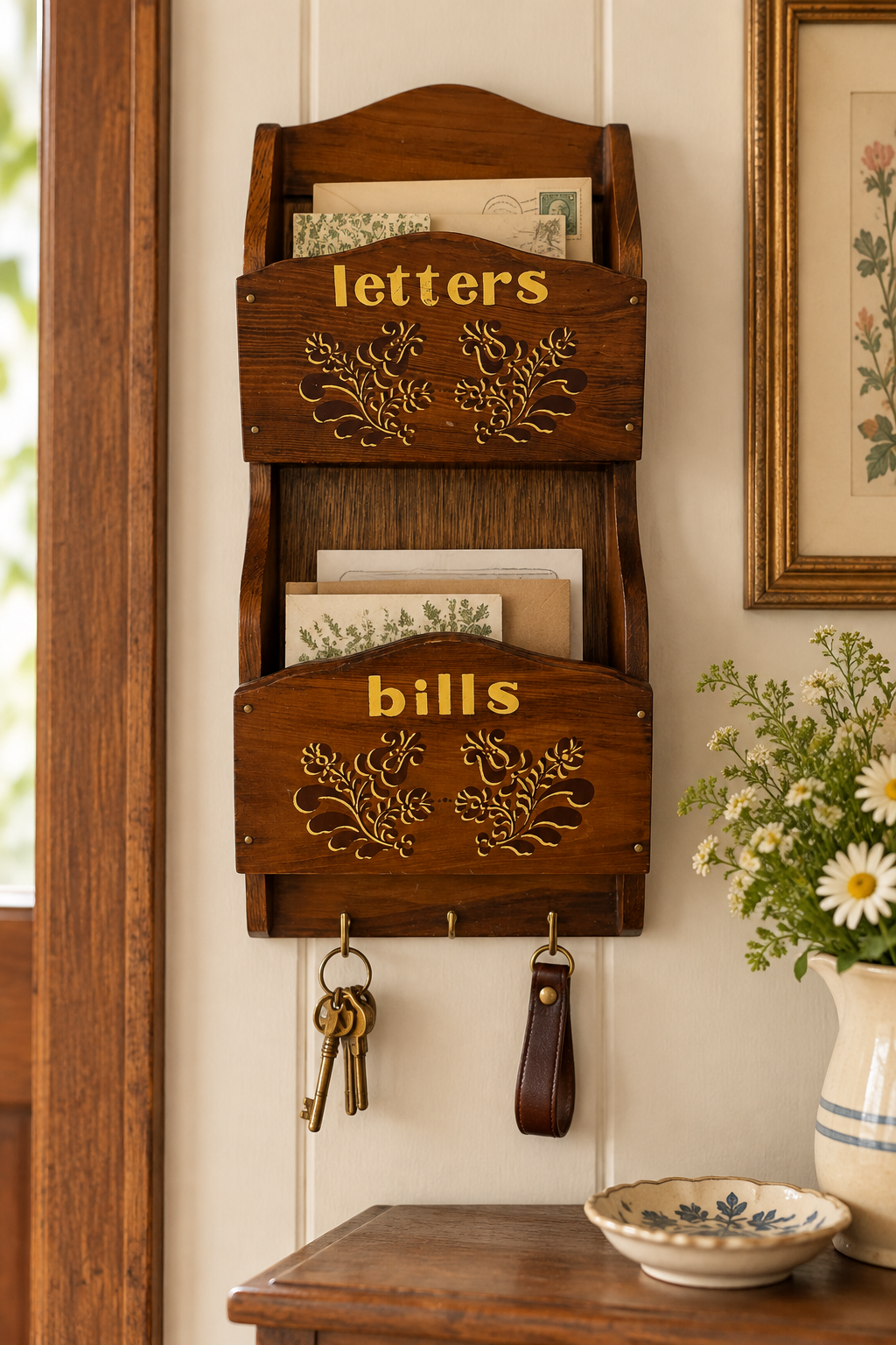 Wooden Letters & Bills Wall Organizer with Key Hooks – Vintage Mail Holder