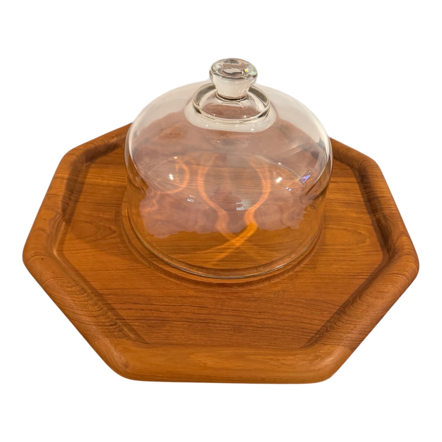 Vintage Mid-Century Modern Teak Cheese Board with Glass Cloche – 1970s Serveware