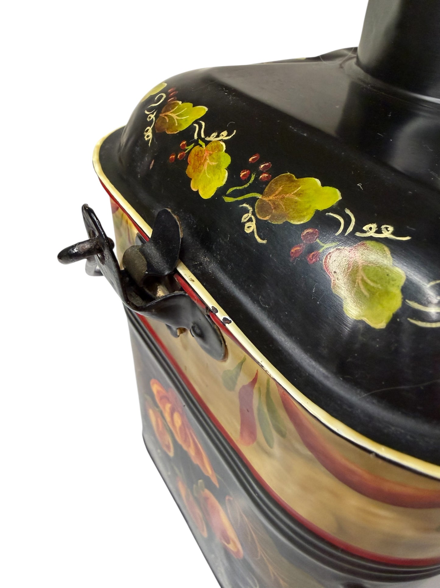 Tole-Painted Antique Metal Lunch Pail – Hand-Painted Floral Folk Art – Vintage Metal Lunch Box