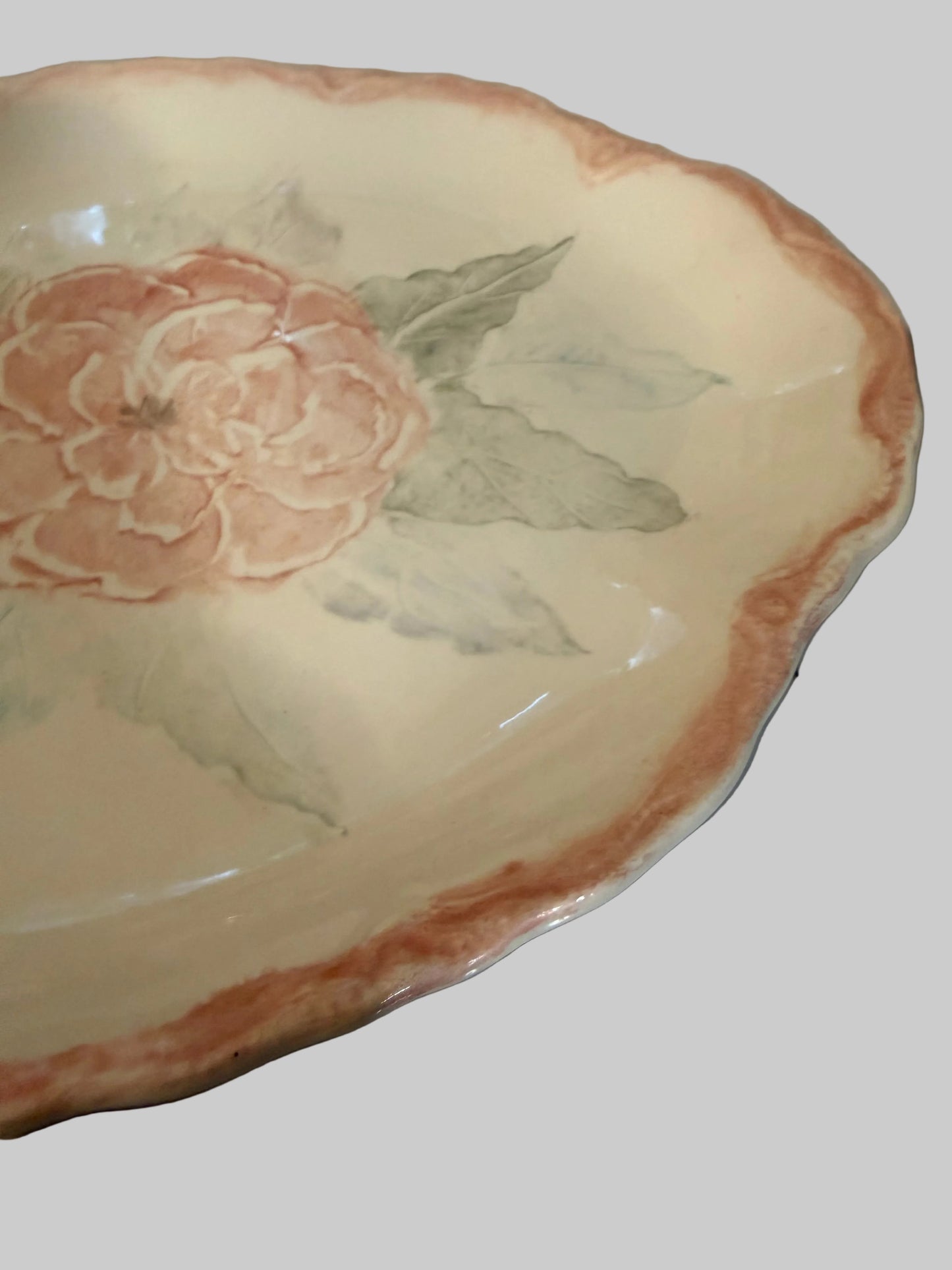 Vintage Pink and Green Floral Pottery Platter | USA Stamped | 12″ x 9″ | Possibly SCIO Pottery