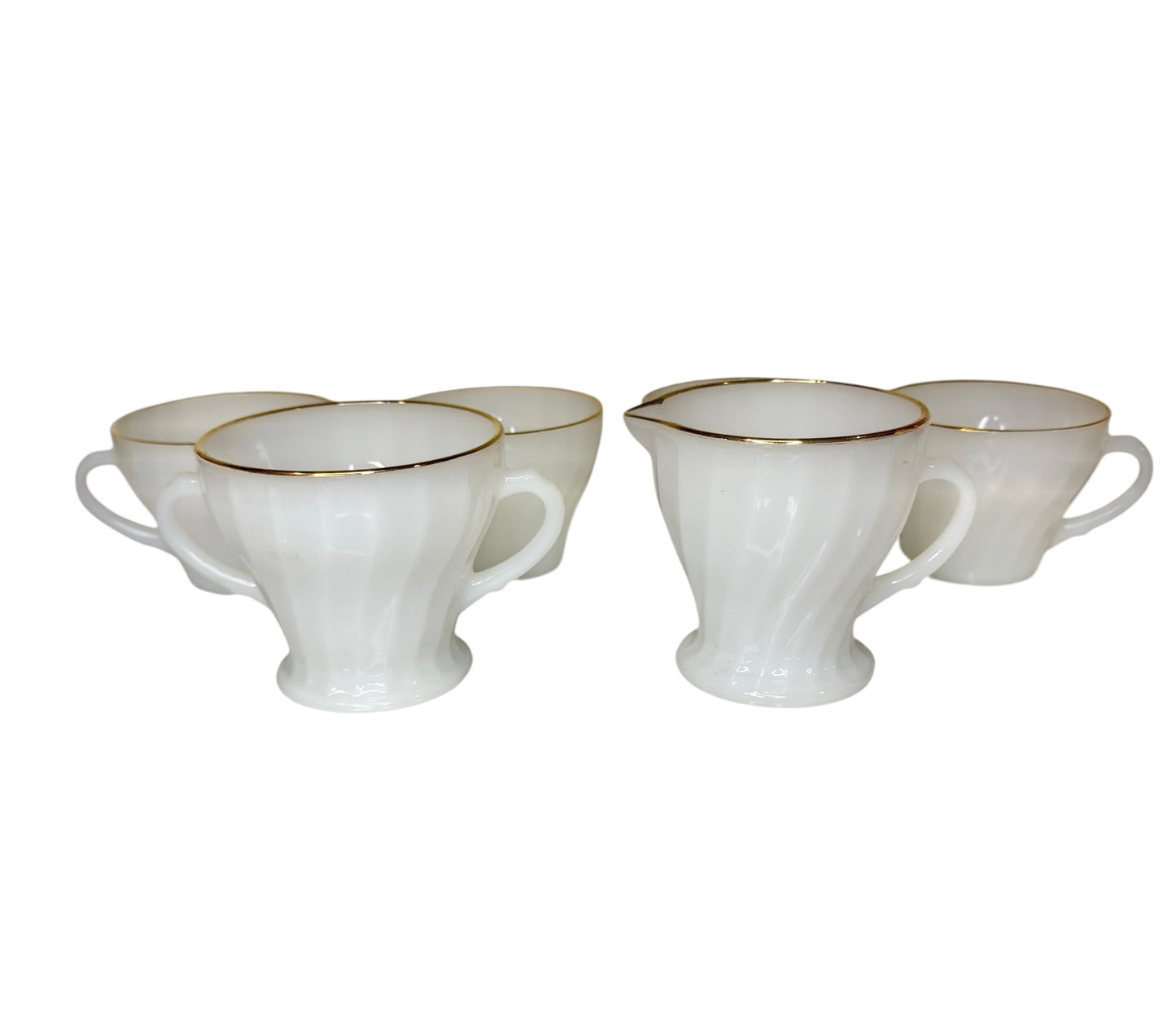 Vintage Fire-King Golden Shell Milk Glass Creamer, Sugar Bowl & Mugs Set – Anchor Hocking Swirl Pattern with Gold Trim