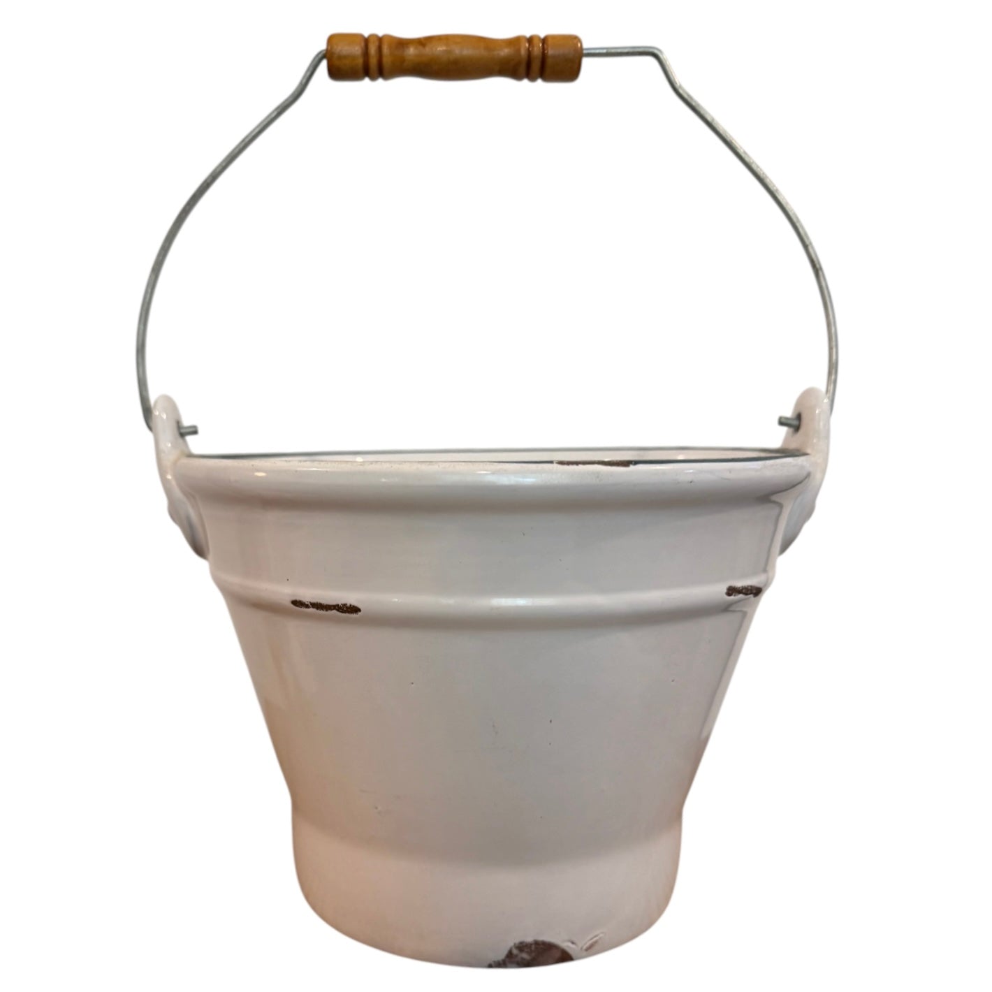 Norcal Vintage Pottery White Faux Enamelware Bucket with Blue Rim & Handle – Vintage Farmhouse Decor