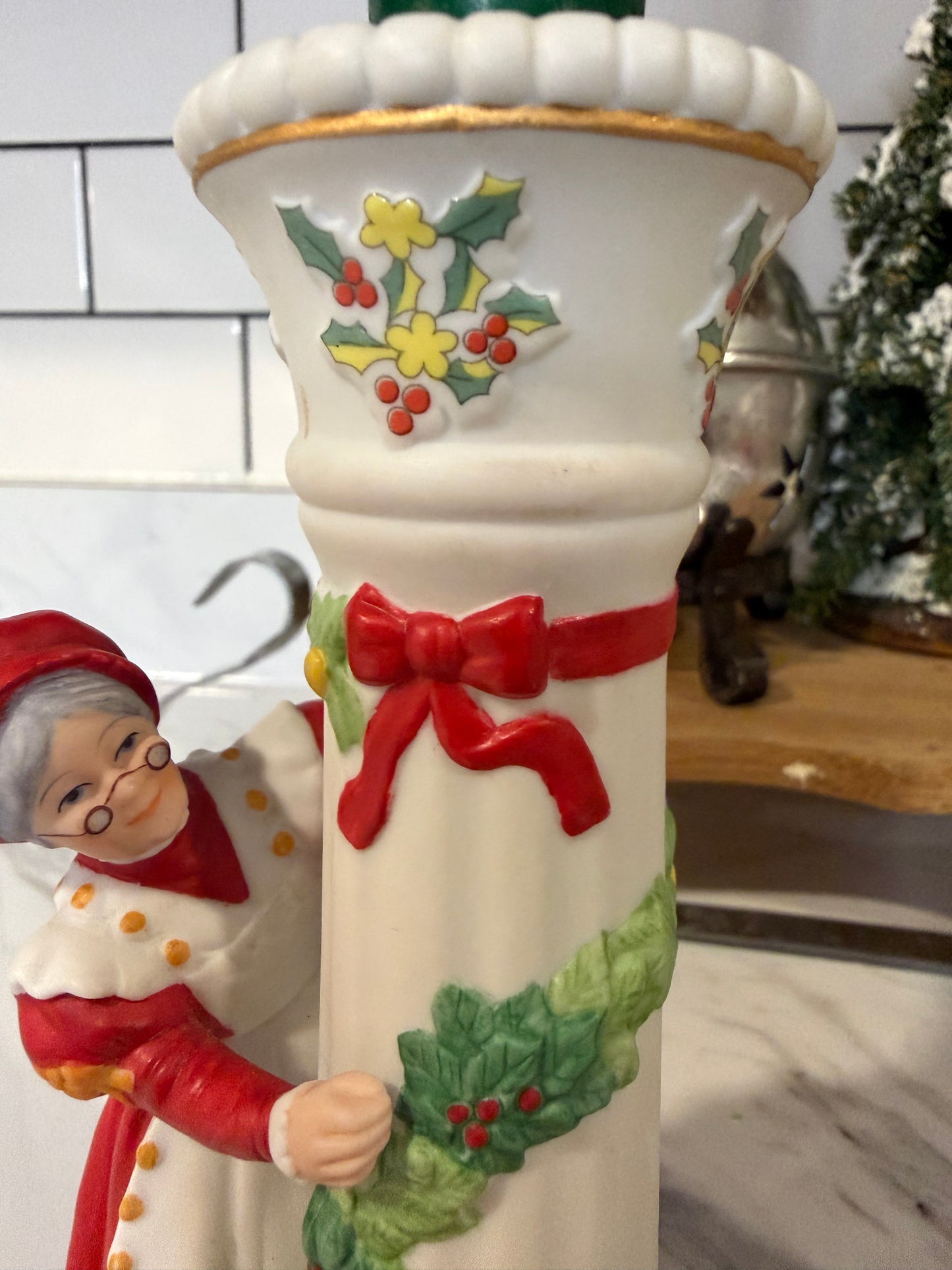 Vintage Danbury Mint “Christmas Candlesticks” — Mrs. Claus & Elves — 1990s Ceramic Pair with 23kt Gold Accents