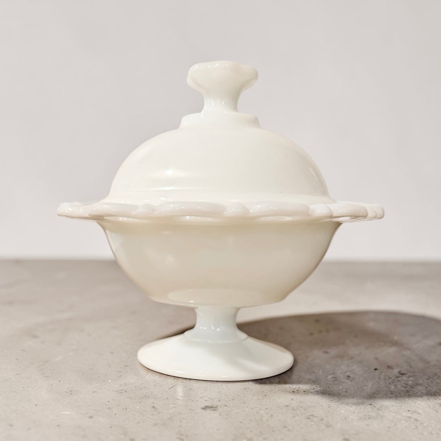 Anchor Hocking “Old Colony” Vintage Milk Glass Footed Candy Dish with Lid – Open Lace Edge Compote
