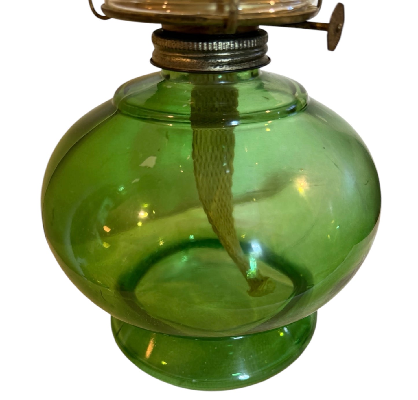 Flashed Green Glass Vintage Hurricane Oil Lamp with Etched Floral Chimney – 15.5”