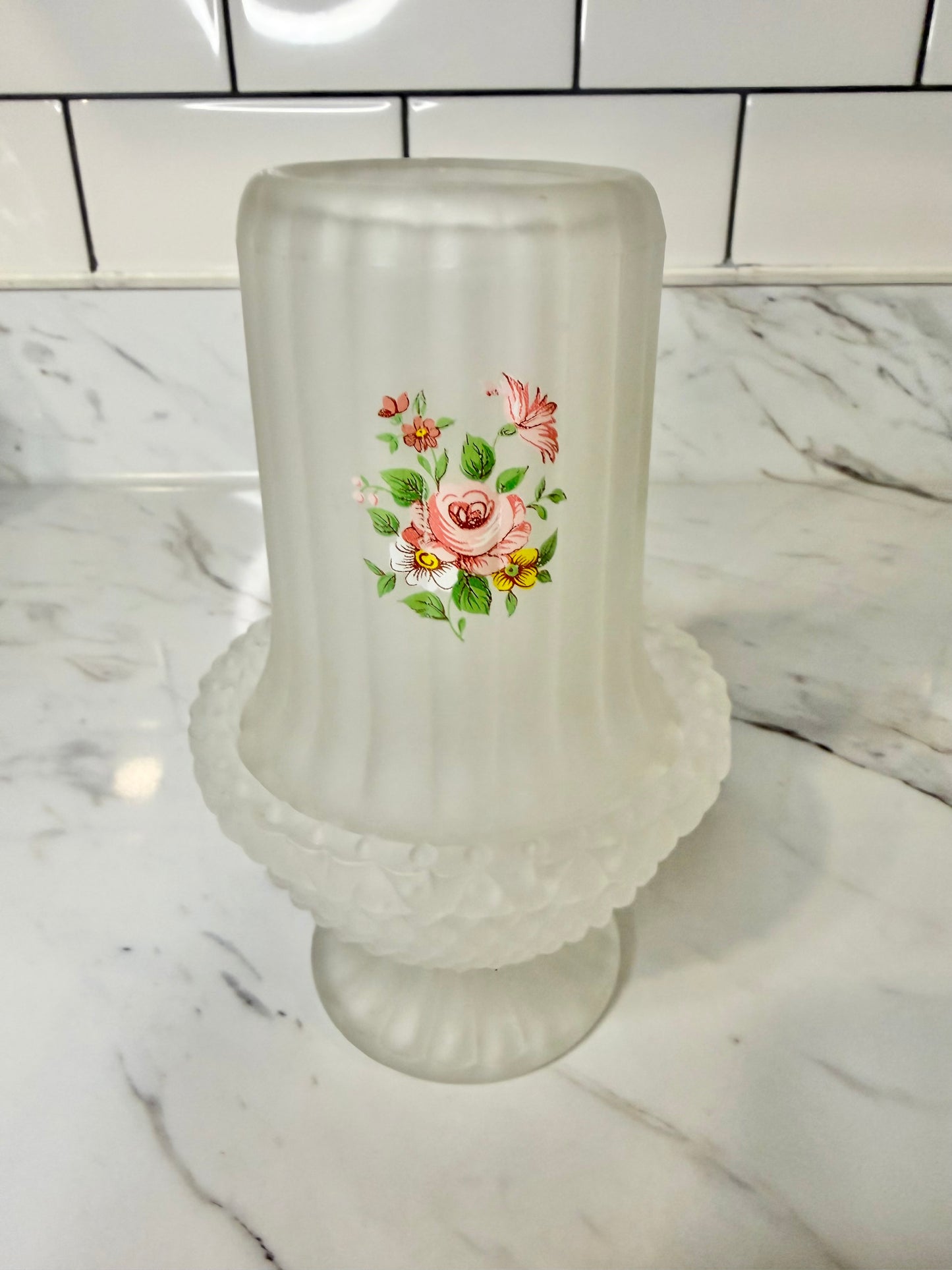 Vintage Frosted Satin Glass Fairy Lamp with Pink Roses