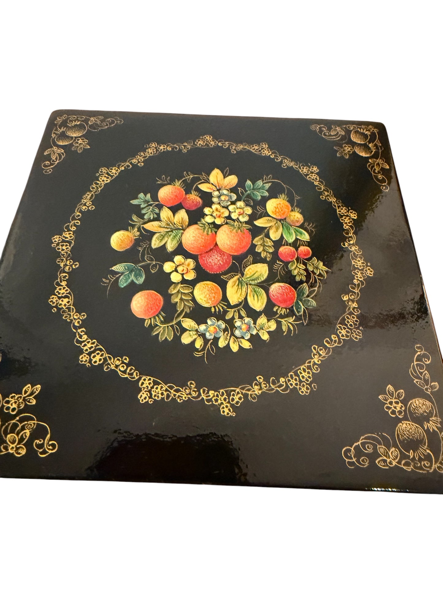 Rare 1950’s Russian Vintage Lacquer Box – Hand-Painted Floral Papier-Mâché Trinket Box