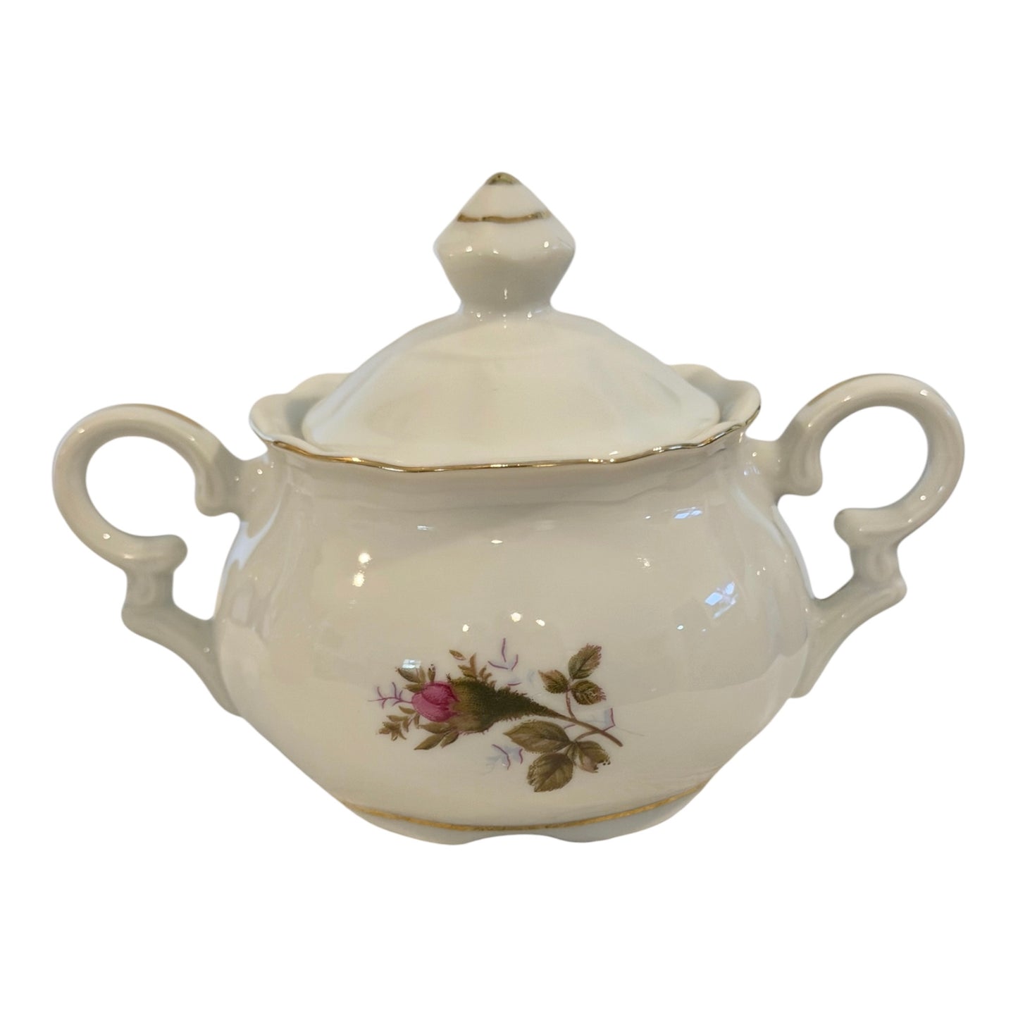 Moss Rose Vintage Porcelain Creamer & Lidded Sugar Bowl Set | Pink Roses Gold Trim