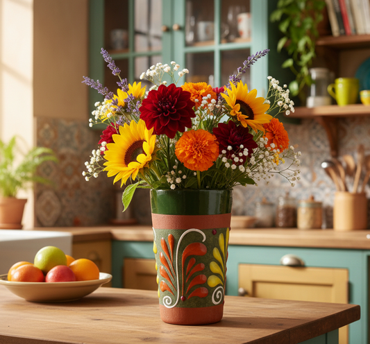 Hand-Painted Mexican Folk Art Pottery Vase – Red Clay, Raised Floral Motif