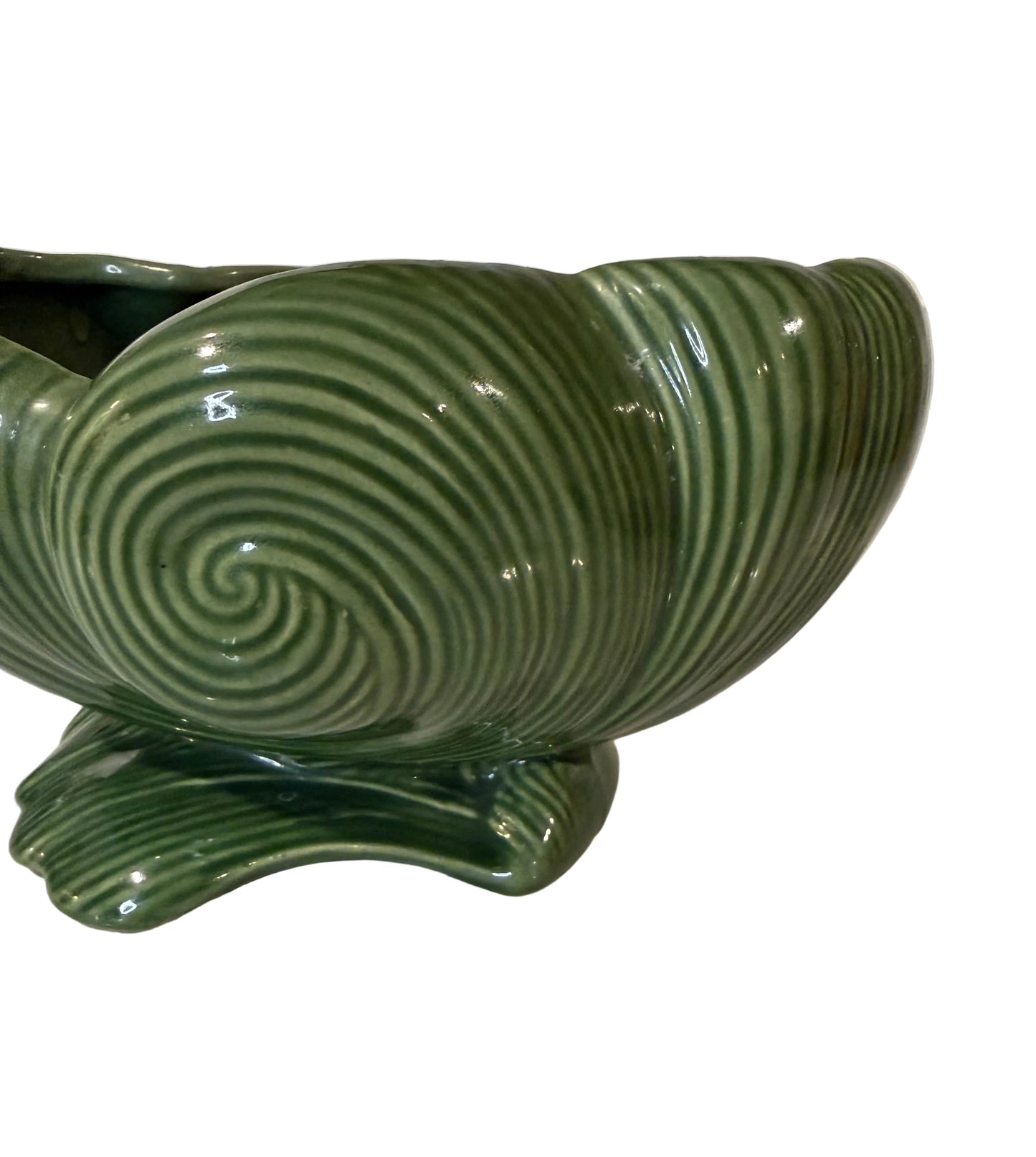 Vintage Dark Green Ceramic Shell Planter | Art Deco / MCM Style