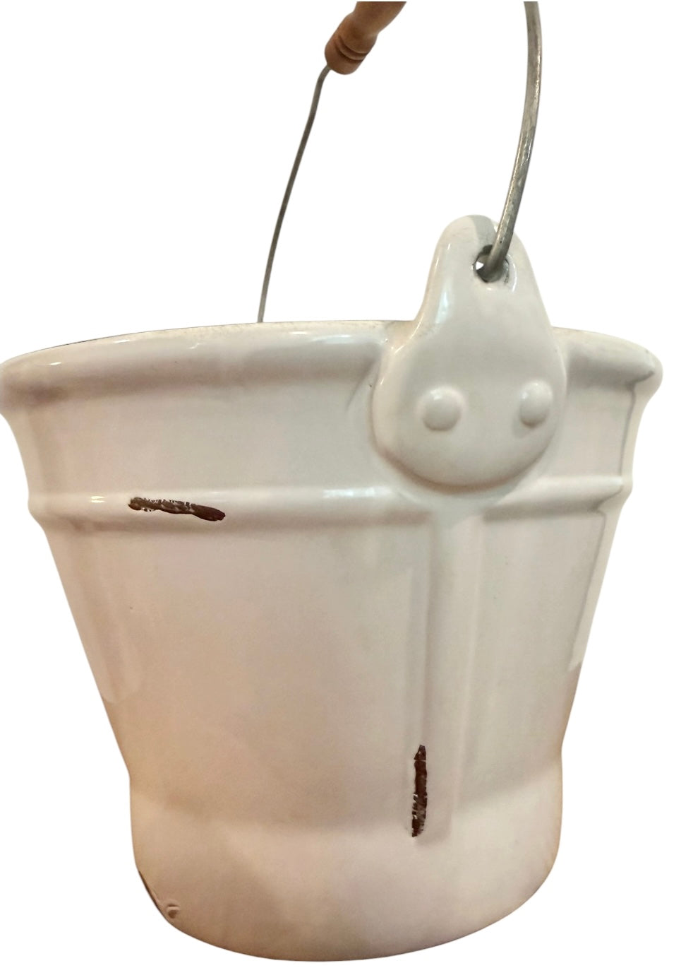 Norcal Vintage Pottery White Faux Enamelware Bucket with Blue Rim & Handle – Vintage Farmhouse Decor