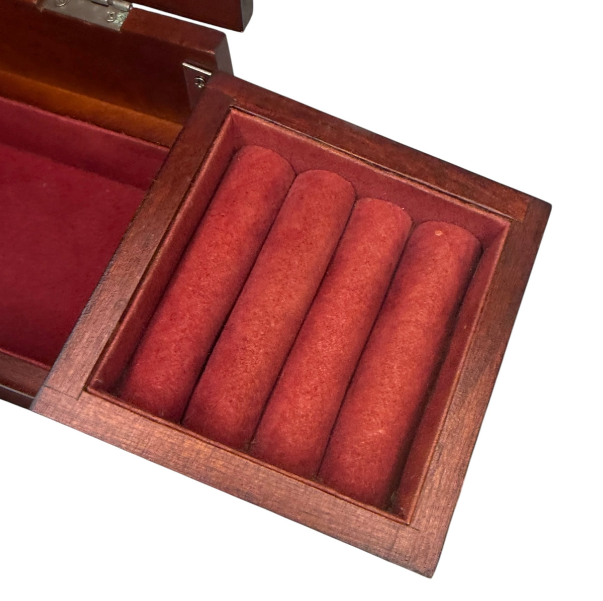 Vintage Cherry-Tone Wooden Jewelry Box with Swing-Out Compartments - Riser