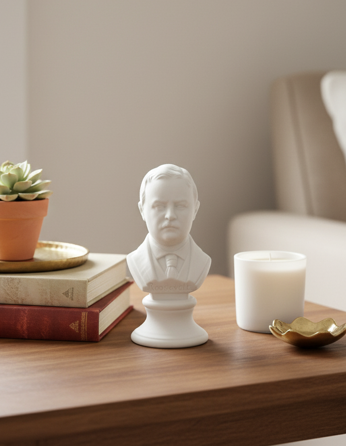 Miniature Vintage Theodore Roosevelt Mini Ceramic Bust – White Bisque Porcelain – 2.5” Presidential Figurine