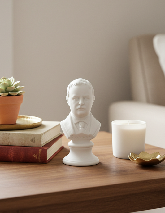 Miniature Vintage Theodore Roosevelt Mini Ceramic Bust – White Bisque Porcelain – 2.5” Presidential Figurine