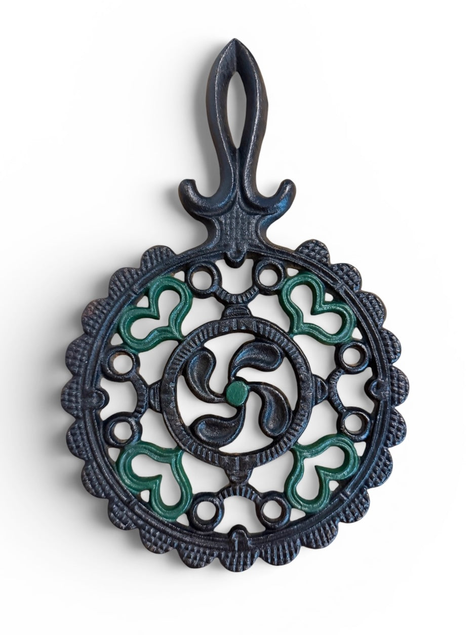1952 J.Z.H. Cast Iron Trivet – Black with Green Hearts Folk Art
