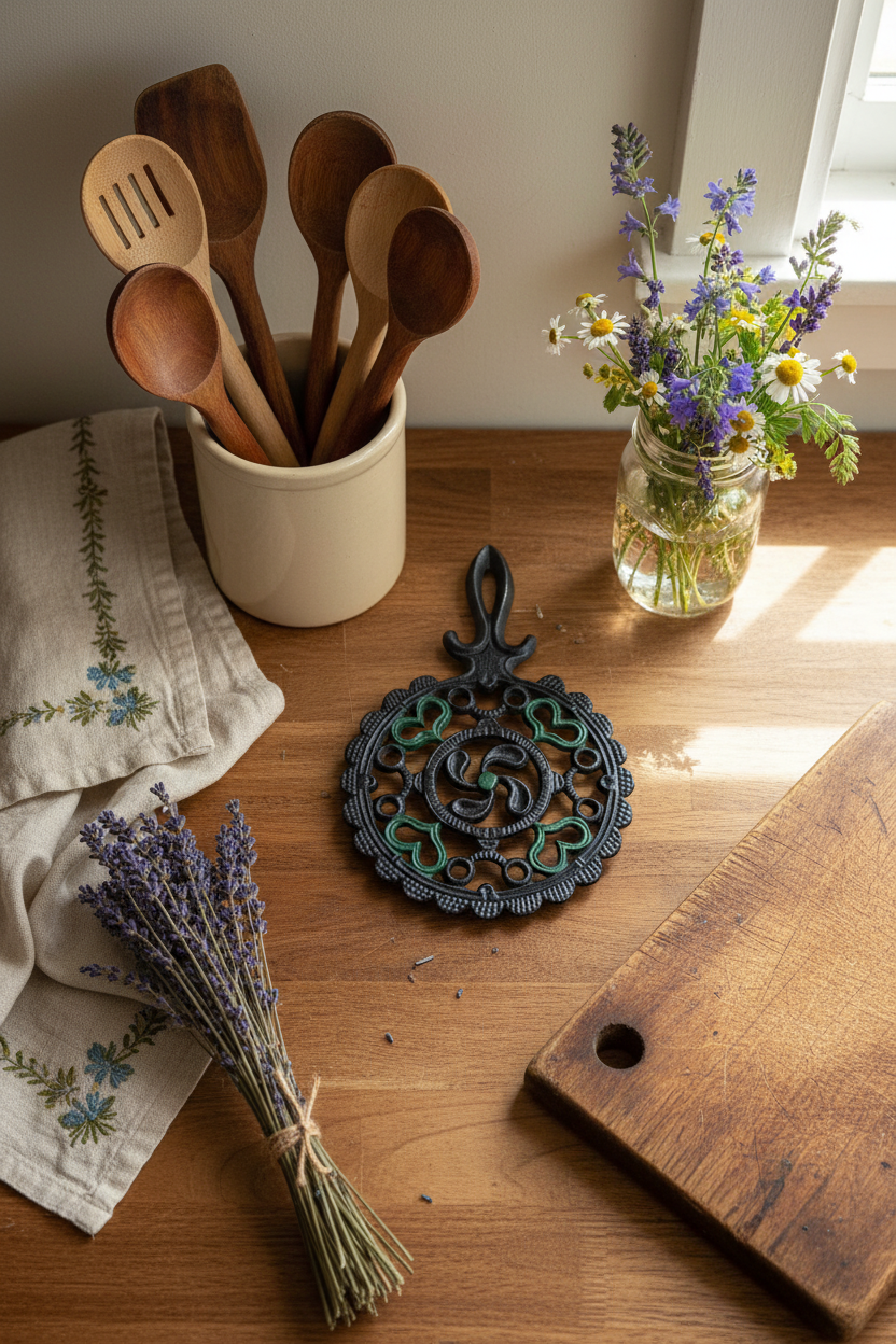 1952 J.Z.H. Cast Iron Trivet – Black with Green Hearts Folk Art