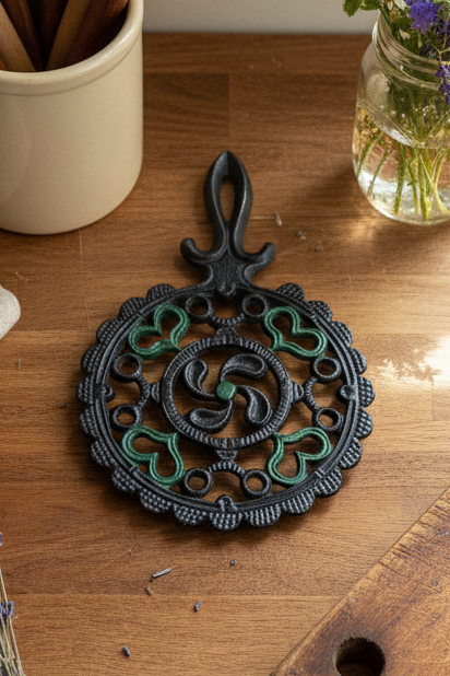 1952 J.Z.H. Cast Iron Trivet – Black with Green Hearts Folk Art