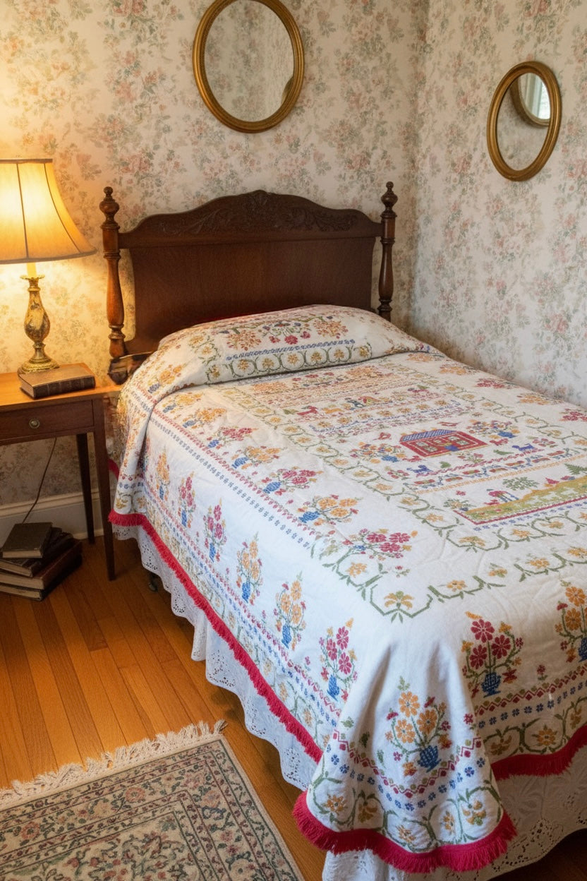 Fieldcrest “American Sampler” Twin Bedspread – Americana Folk Art Bedding with Hot Pink Fringe, 1960s–1970s