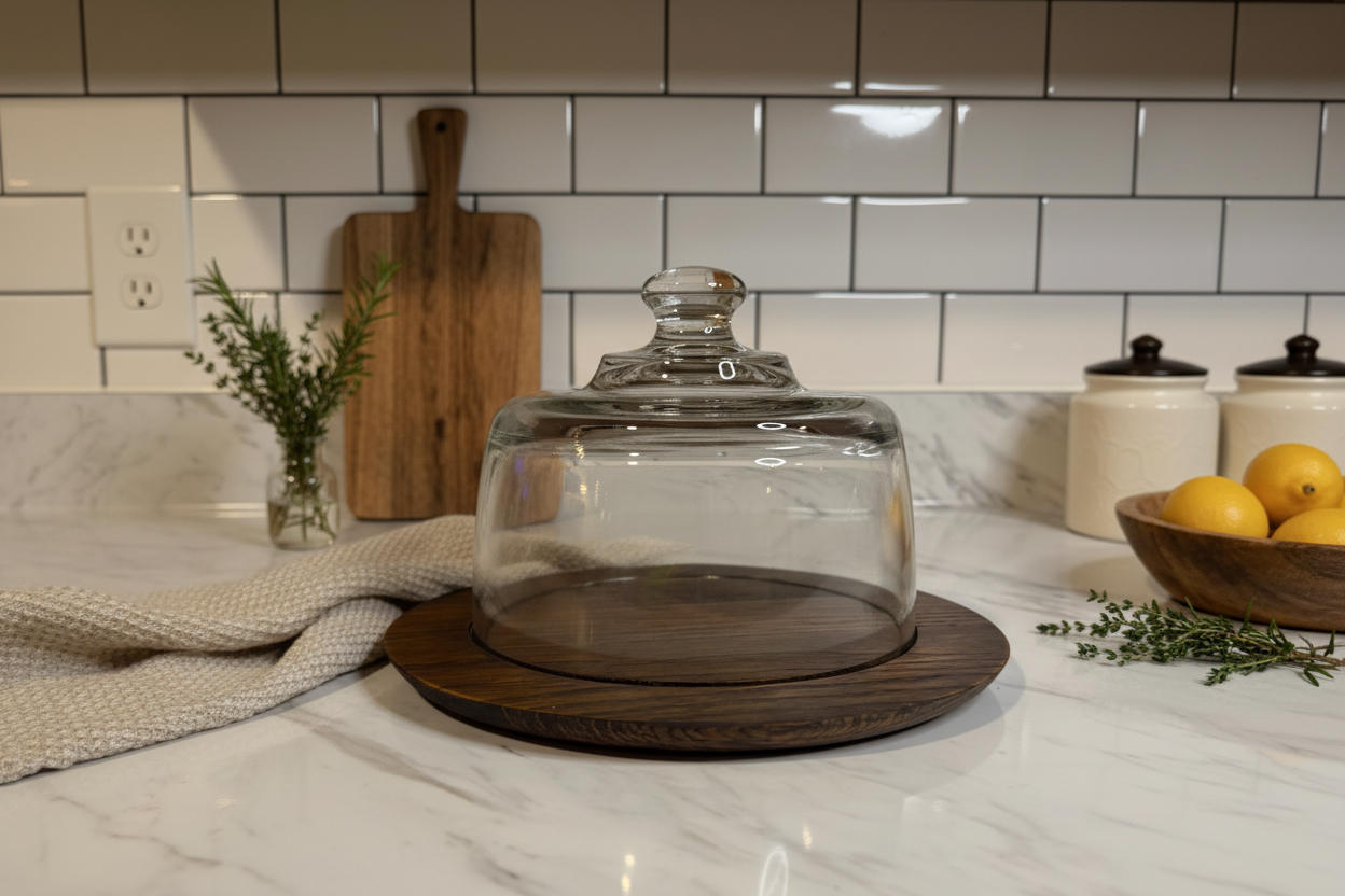 Vintage Cheese Board with Heavy Glass Dome & Solid Wood Base