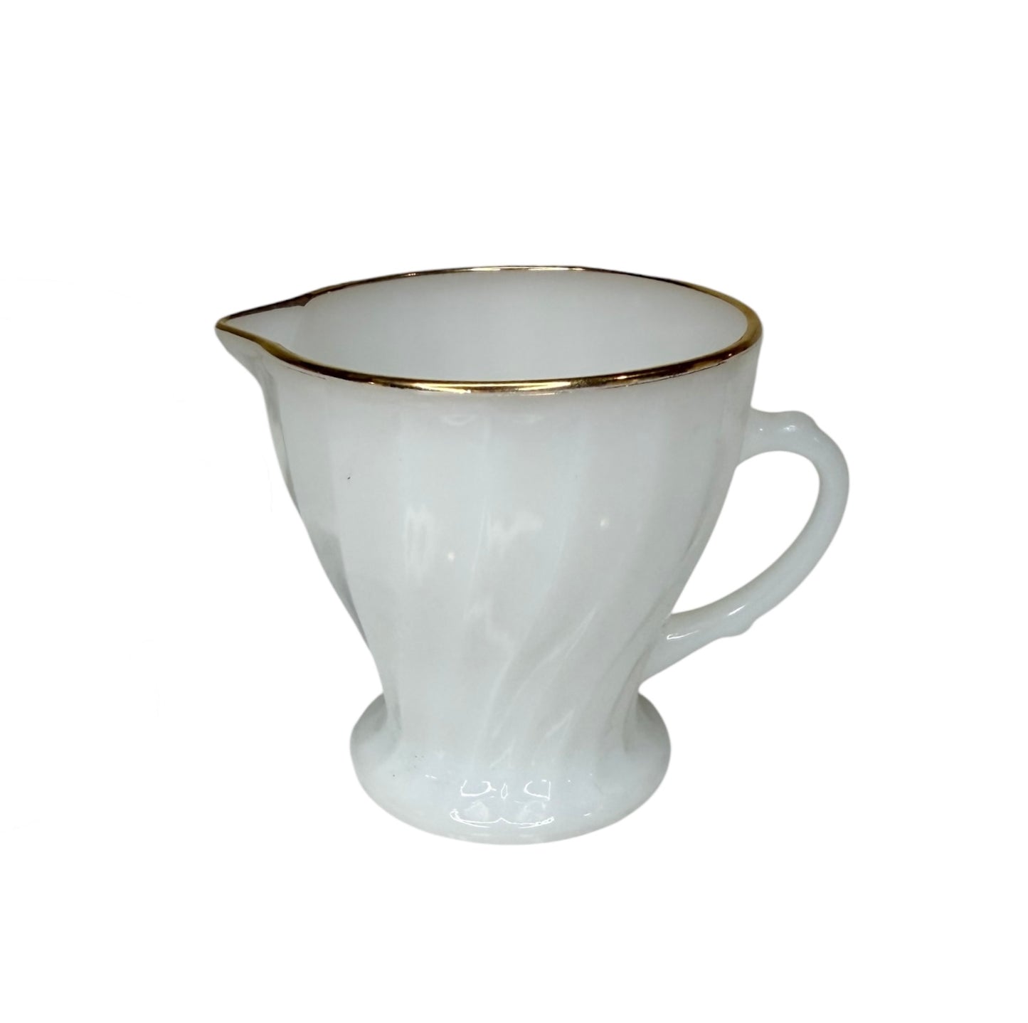 Vintage Fire-King Golden Shell Milk Glass Creamer, Sugar Bowl & Mugs Set – Anchor Hocking Swirl Pattern with Gold Trim