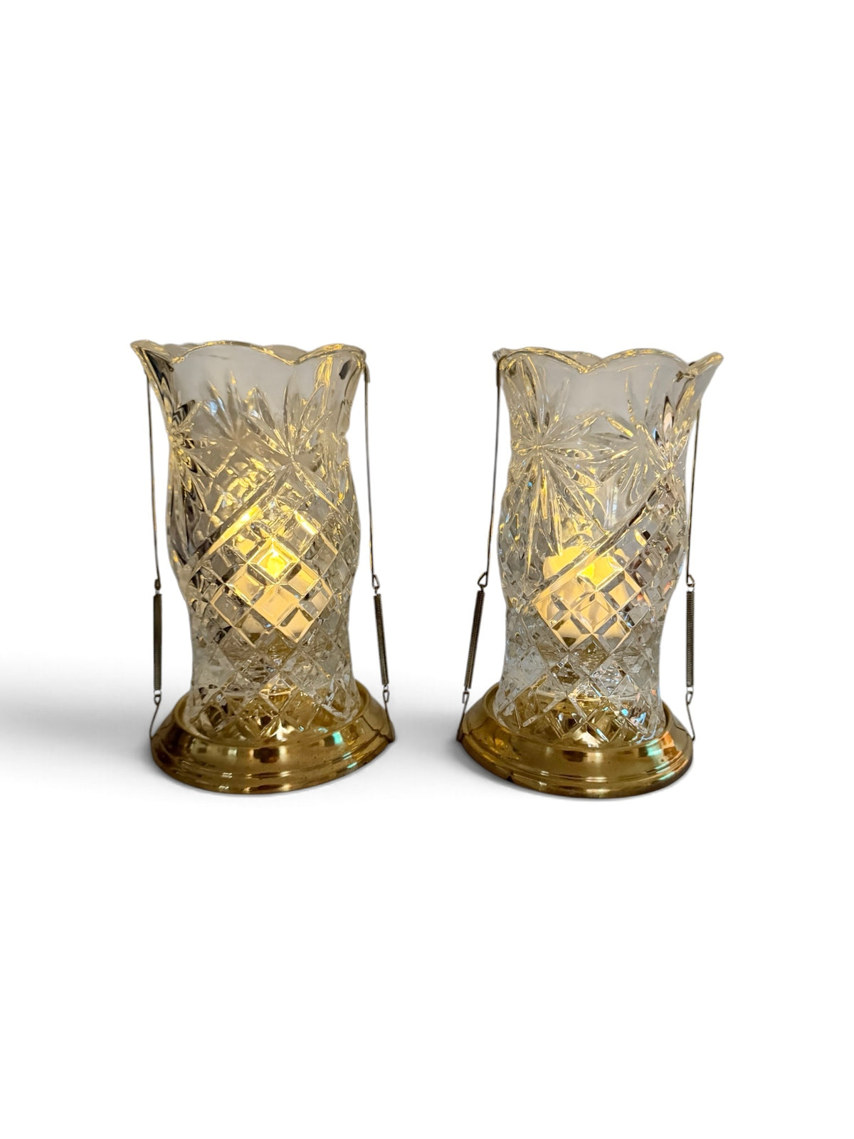 Set of 2 Vintage Cut Crystal Hurricane Candle Holders – Brass Bases & Swing Handles – Teleflora